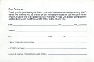 WICO Joystick Adapter Warranty Card (Front)